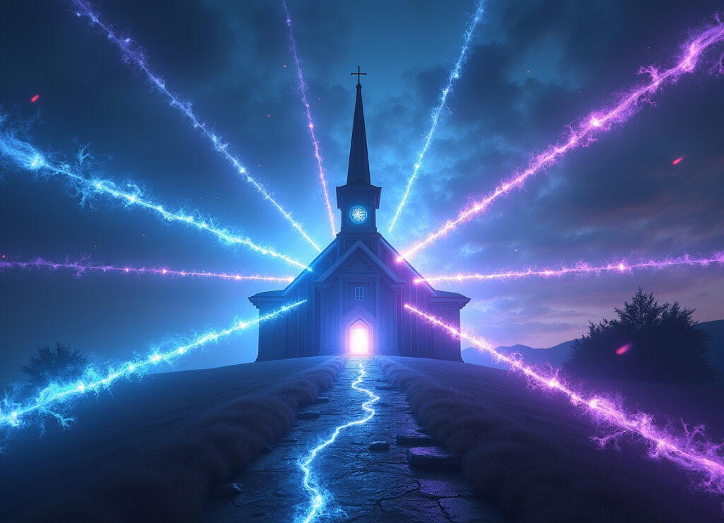 Een visualisatie van een kerk op een kruispunt van ley lines - willemjurka.nl